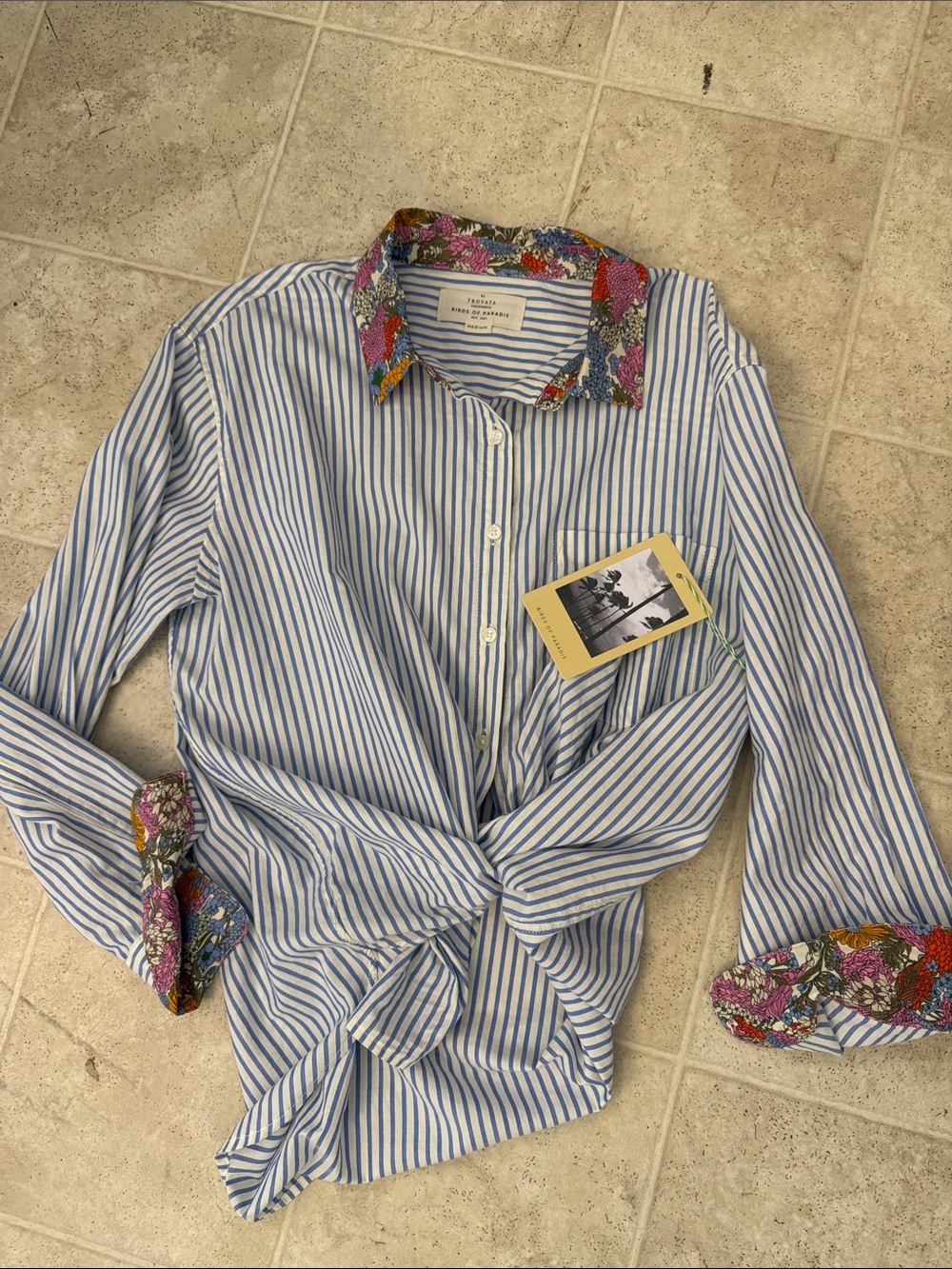 Trovata Striped Button-Down, Floral Trim. Size M. Trovata,this season, NWT